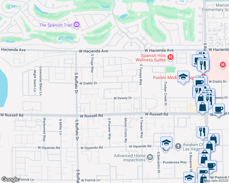 map of restaurants, bars, coffee shops, grocery stores, and more near 7528 West Dewey Drive in Las Vegas