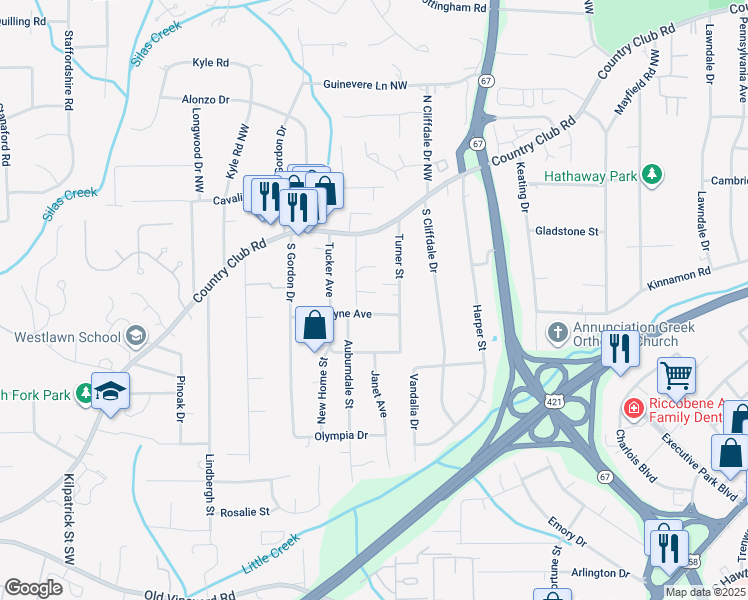 map of restaurants, bars, coffee shops, grocery stores, and more near 3828 Country Club Road in Winston-Salem