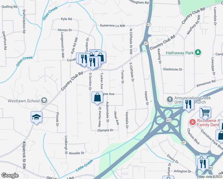 map of restaurants, bars, coffee shops, grocery stores, and more near 3816 Wayne Avenue in Winston-Salem