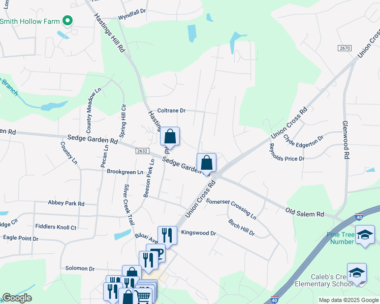 map of restaurants, bars, coffee shops, grocery stores, and more near 1017 Sedge Garden Road in Kernersville