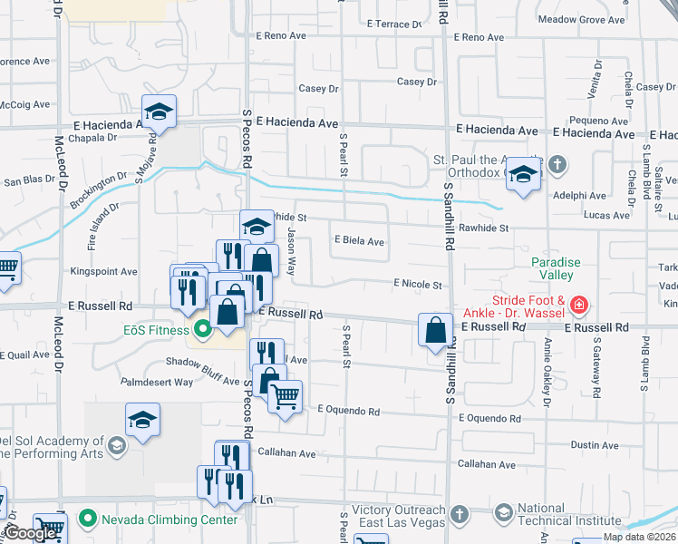 map of restaurants, bars, coffee shops, grocery stores, and more near 3591 East Nicole Street in Las Vegas