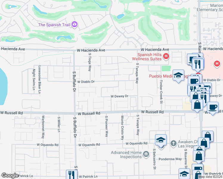 map of restaurants, bars, coffee shops, grocery stores, and more near 7528 West Dewey Drive in Las Vegas