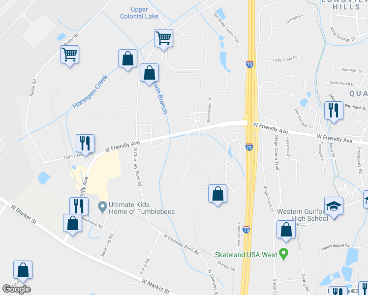 map of restaurants, bars, coffee shops, grocery stores, and more near 7125 West Friendly Avenue in Greensboro
