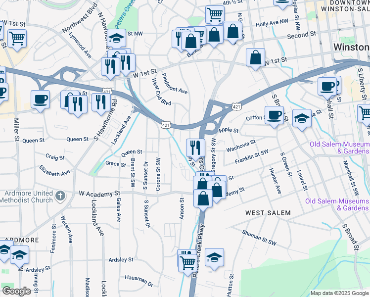 map of restaurants, bars, coffee shops, grocery stores, and more near 1448 West 4th Street in Winston-Salem