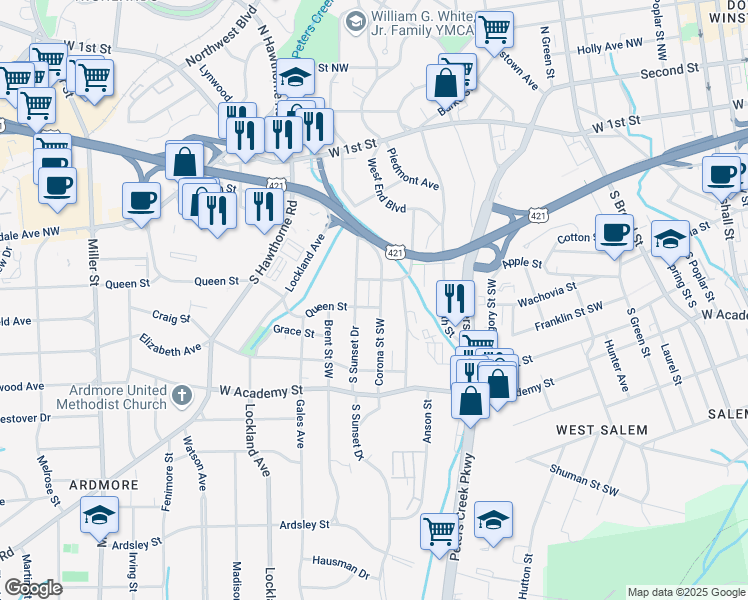 map of restaurants, bars, coffee shops, grocery stores, and more near 412 Corona Street in Winston-Salem