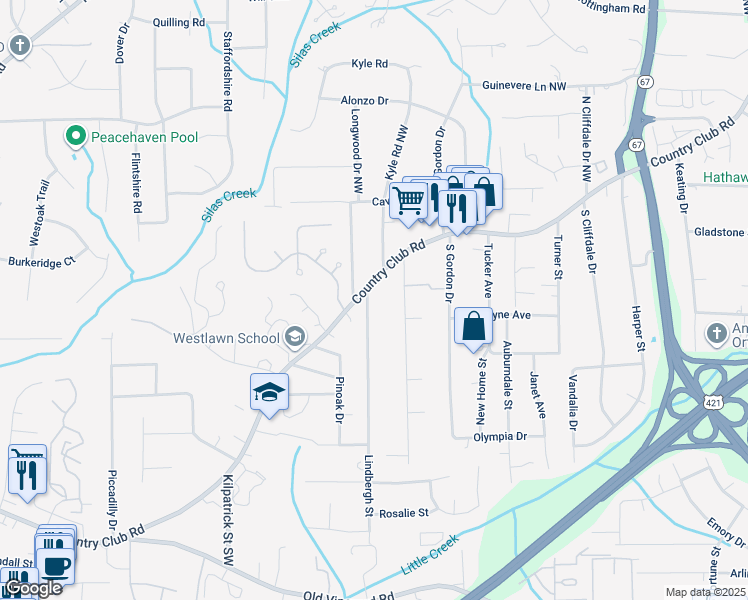 map of restaurants, bars, coffee shops, grocery stores, and more near 134 Hedgecock Avenue Southwest in Winston-Salem