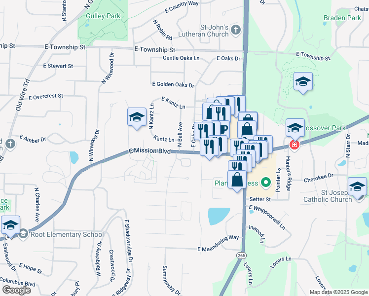map of restaurants, bars, coffee shops, grocery stores, and more near 2435 E St James Pl in Fayetteville