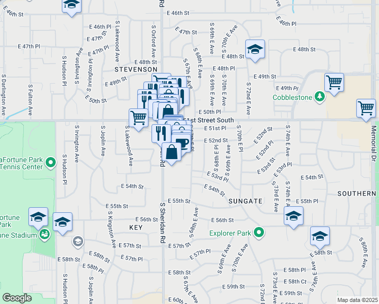 map of restaurants, bars, coffee shops, grocery stores, and more near 6570 East 51st Street in Tulsa