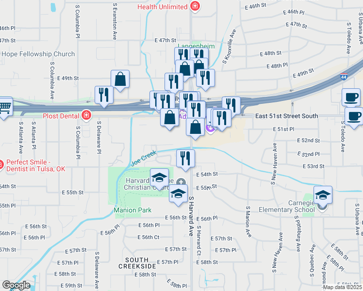 map of restaurants, bars, coffee shops, grocery stores, and more near 5200 South Harvard Avenue in Tulsa
