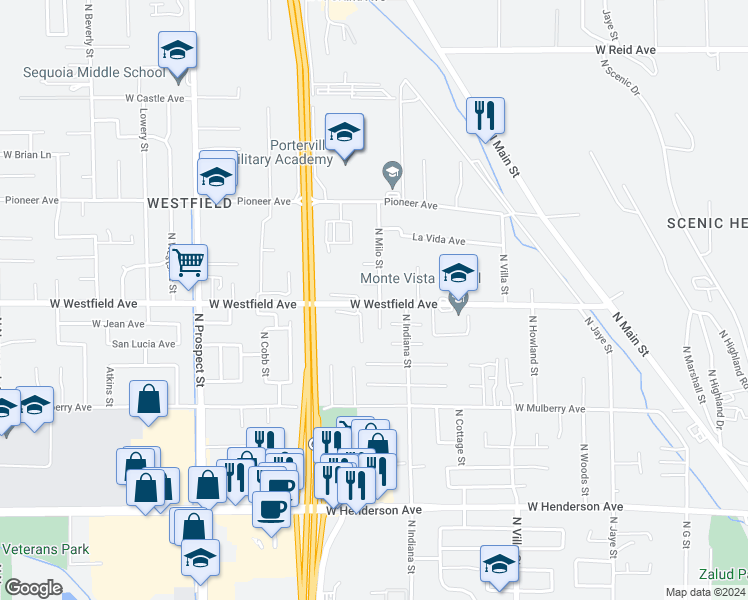 map of restaurants, bars, coffee shops, grocery stores, and more near 850 West Westfield Avenue in Porterville
