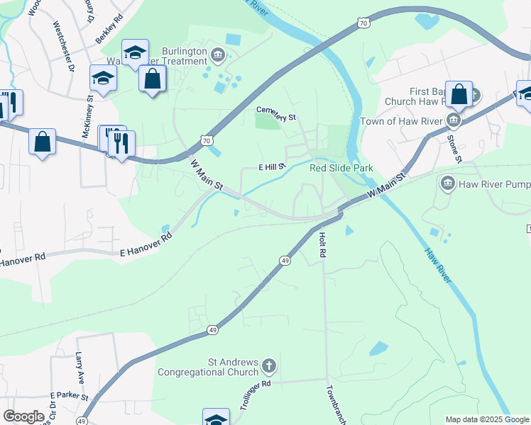 map of restaurants, bars, coffee shops, grocery stores, and more near 118 Birch Drive in Graham