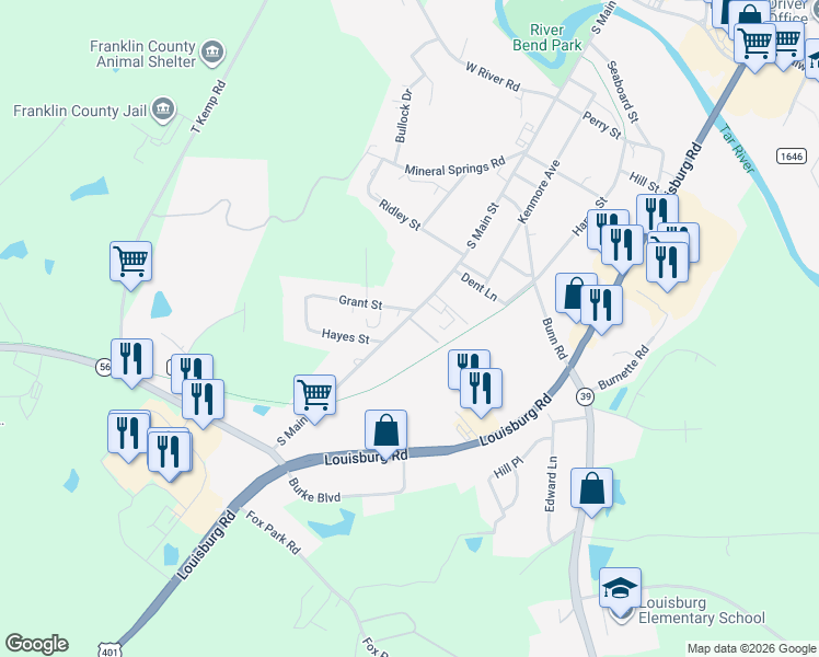 map of restaurants, bars, coffee shops, grocery stores, and more near 120 Harts Street in Louisburg