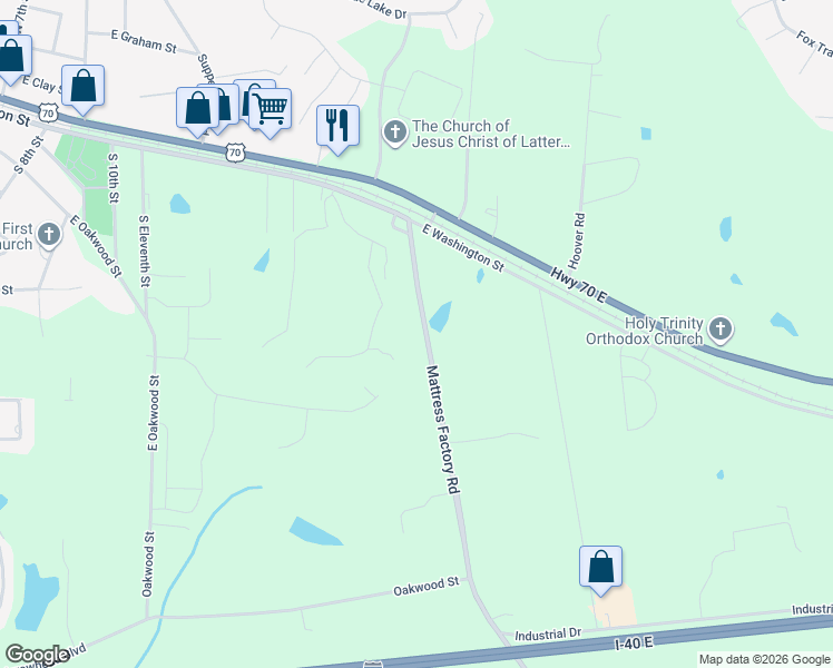 map of restaurants, bars, coffee shops, grocery stores, and more near 411 Mattress Factory Road in Mebane