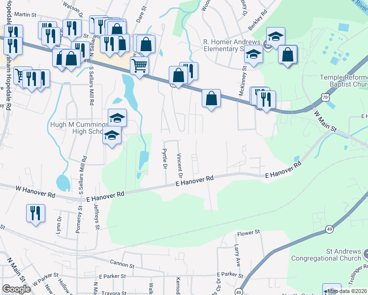 map of restaurants, bars, coffee shops, grocery stores, and more near 1255 Vincent Drive in Graham