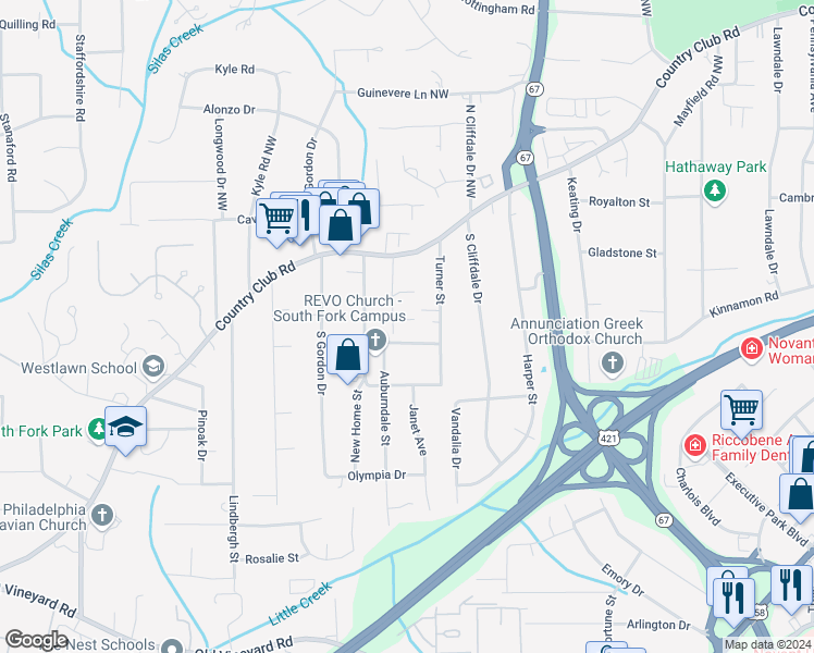 map of restaurants, bars, coffee shops, grocery stores, and more near 3816 Wayne Avenue in Winston-Salem