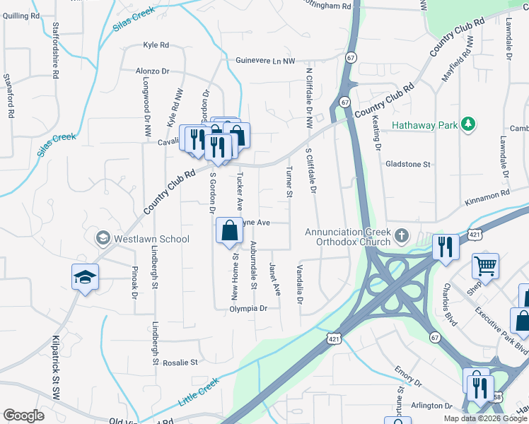 map of restaurants, bars, coffee shops, grocery stores, and more near 3816 Wayne Avenue in Winston-Salem