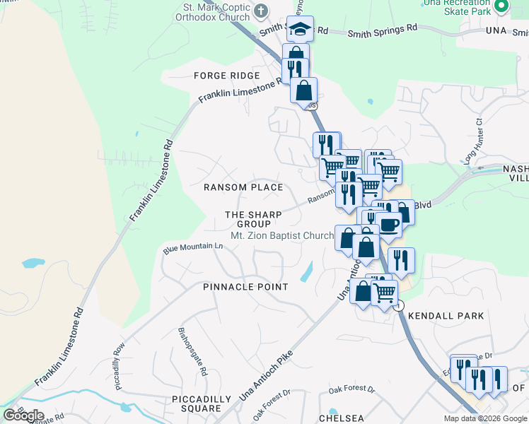 map of restaurants, bars, coffee shops, grocery stores, and more near 308 Alder Court in Nashville