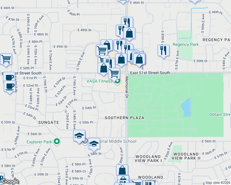 map of restaurants, bars, coffee shops, grocery stores, and more near 5319 South 79th East Avenue in Tulsa