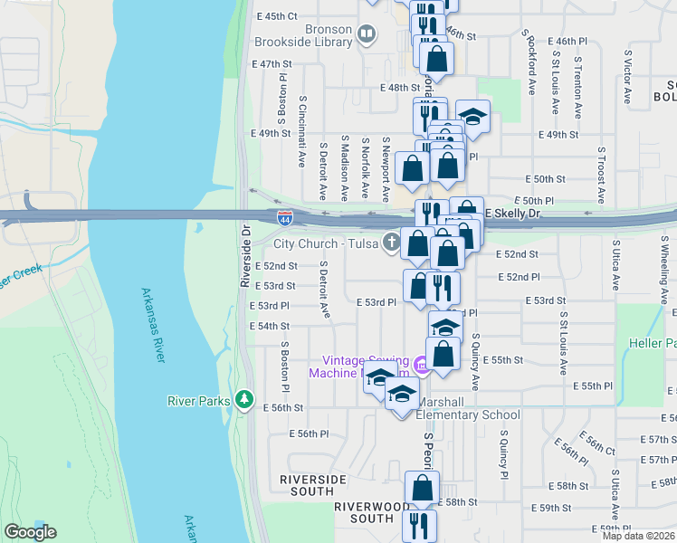 map of restaurants, bars, coffee shops, grocery stores, and more near 5307 South Detroit Avenue in Tulsa