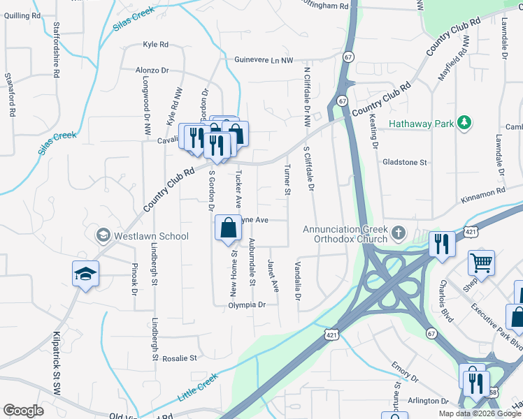 map of restaurants, bars, coffee shops, grocery stores, and more near 3826 Country Club Road in Winston-Salem