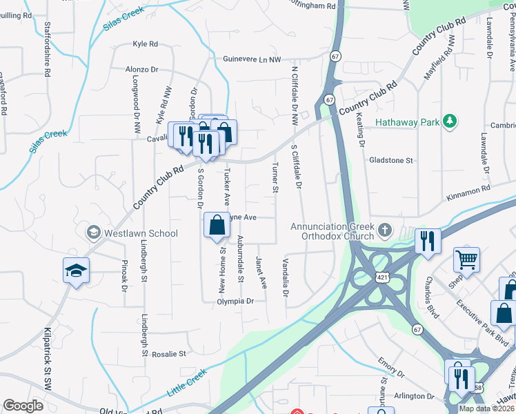 map of restaurants, bars, coffee shops, grocery stores, and more near 3828 Country Club Road in Winston-Salem
