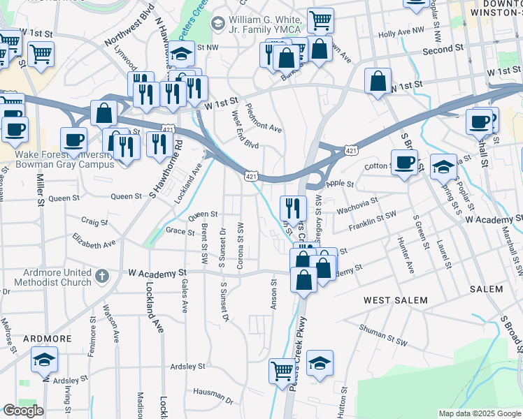 map of restaurants, bars, coffee shops, grocery stores, and more near 417 Corona Street in Winston-Salem