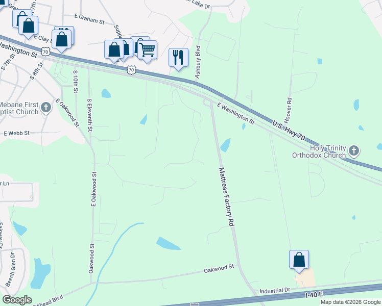 map of restaurants, bars, coffee shops, grocery stores, and more near 411 Mattress Factory Road in Mebane
