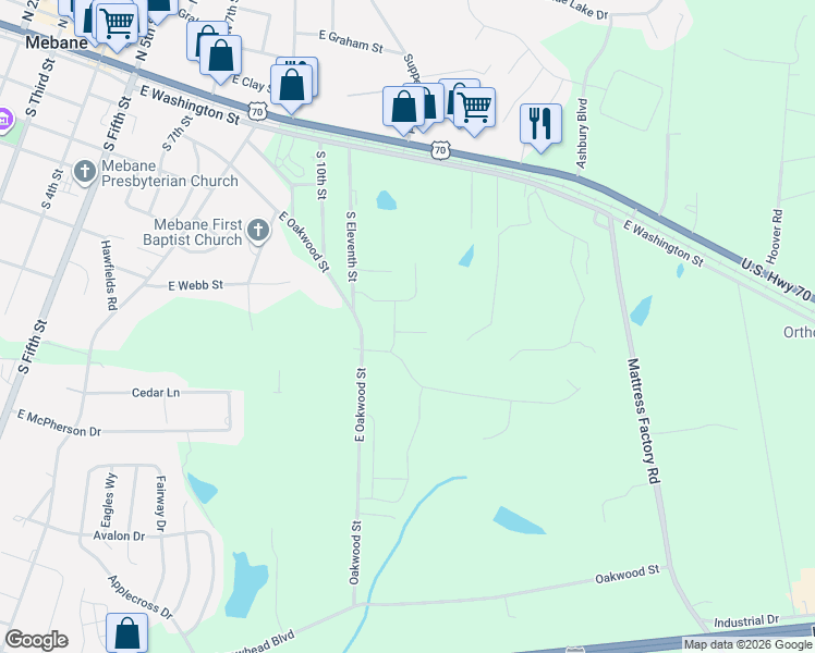 map of restaurants, bars, coffee shops, grocery stores, and more near Enterprise Lane in Mebane