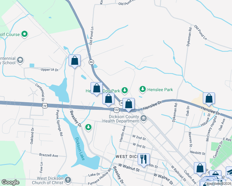 map of restaurants, bars, coffee shops, grocery stores, and more near 117 Pond Road in Dickson