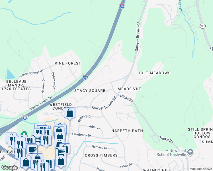 map of restaurants, bars, coffee shops, grocery stores, and more near 7917 Stallion Drive in Nashville