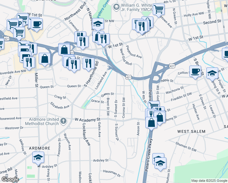 map of restaurants, bars, coffee shops, grocery stores, and more near 318 South Sunset Drive in Winston-Salem