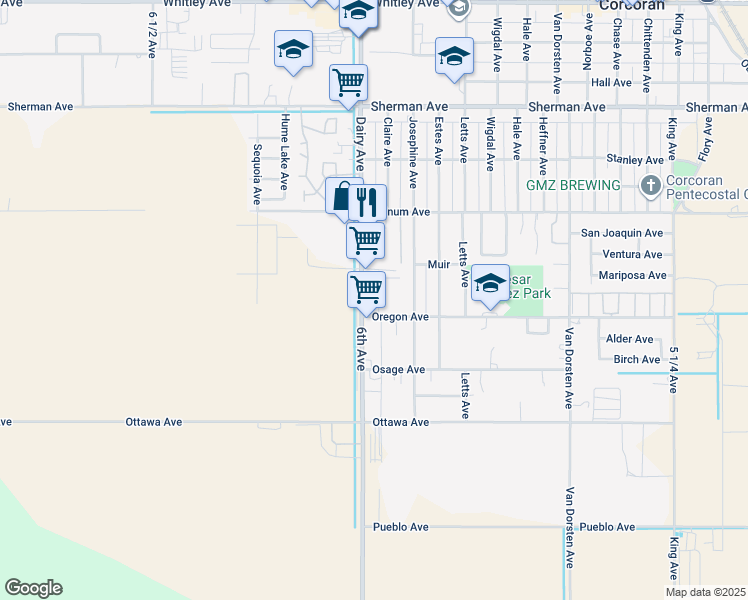 map of restaurants, bars, coffee shops, grocery stores, and more near 1931 Dairy Avenue in Corcoran