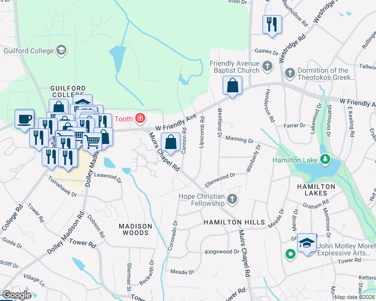map of restaurants, bars, coffee shops, grocery stores, and more near 717 Lipscomb Road in Greensboro