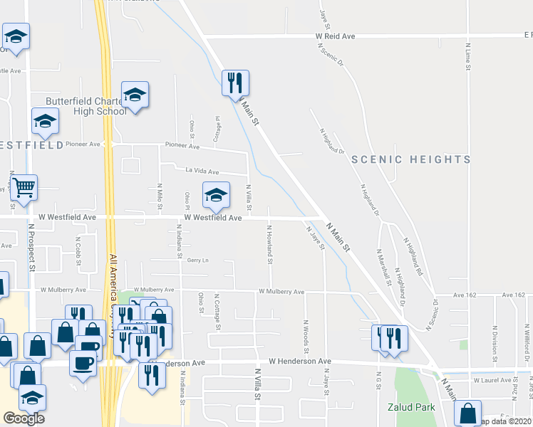 map of restaurants, bars, coffee shops, grocery stores, and more near 552 West Westfield Avenue in Porterville