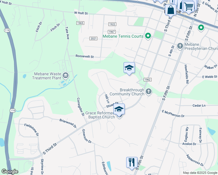map of restaurants, bars, coffee shops, grocery stores, and more near 409 Stonewall Drive in Mebane