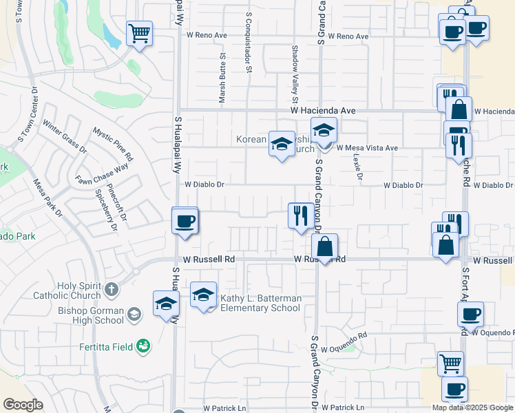 map of restaurants, bars, coffee shops, grocery stores, and more near 5566 South Spruce Hill Court in Las Vegas