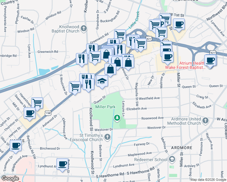map of restaurants, bars, coffee shops, grocery stores, and more near 2519 Miller Park Circle in Winston-Salem