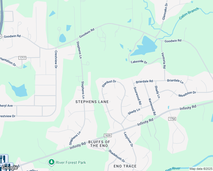 map of restaurants, bars, coffee shops, grocery stores, and more near 5312 Stardust Drive in Durham