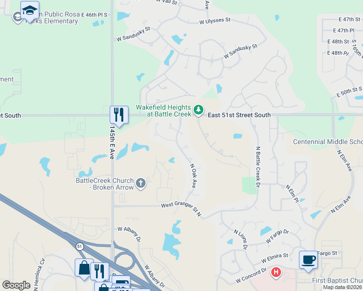 map of restaurants, bars, coffee shops, grocery stores, and more near 1609 West Montpelier Street in Broken Arrow