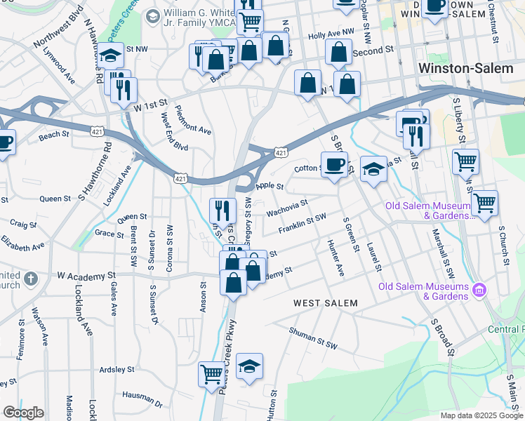 map of restaurants, bars, coffee shops, grocery stores, and more near 1134 Apple Street in Winston-Salem