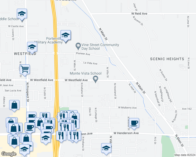 map of restaurants, bars, coffee shops, grocery stores, and more near 672 West Westfield Avenue in Porterville