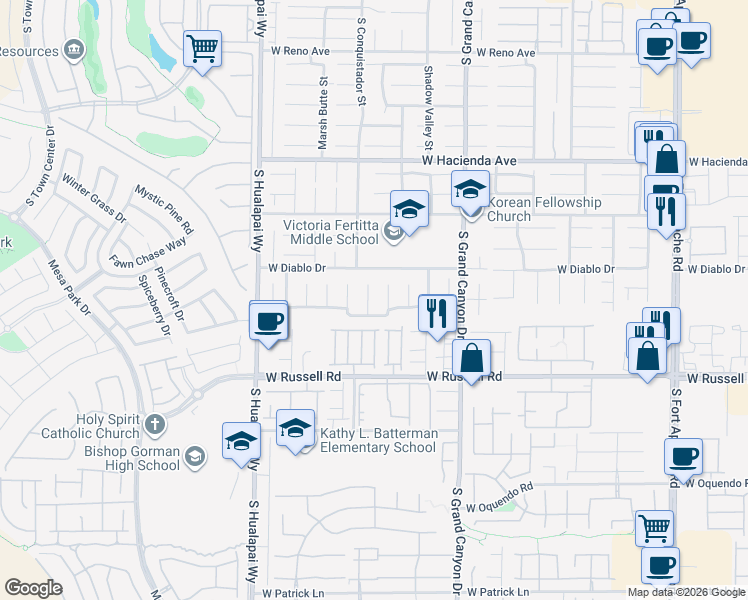 map of restaurants, bars, coffee shops, grocery stores, and more near 5566 Spruce Hill Court in Las Vegas