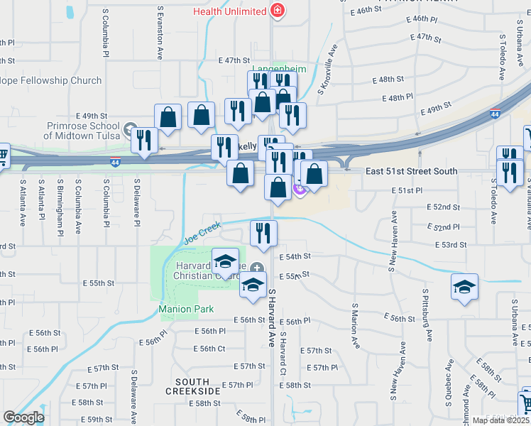 map of restaurants, bars, coffee shops, grocery stores, and more near 5152 South Harvard Avenue in Tulsa
