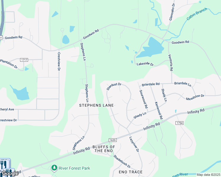 map of restaurants, bars, coffee shops, grocery stores, and more near 5312 Stardust Drive in Durham