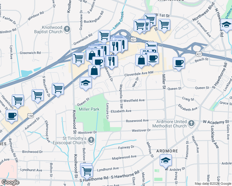 map of restaurants, bars, coffee shops, grocery stores, and more near 233 Oakwood Drive in Winston-Salem