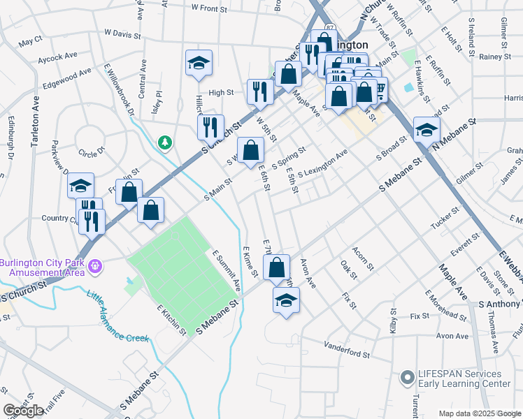 map of restaurants, bars, coffee shops, grocery stores, and more near 210 East 7th Street in Burlington