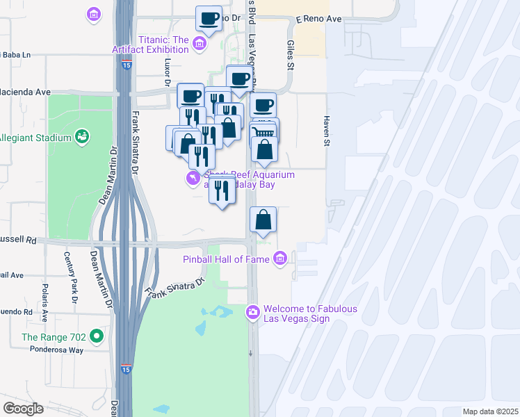 map of restaurants, bars, coffee shops, grocery stores, and more near 4591 South Las Vegas Boulevard in Las Vegas