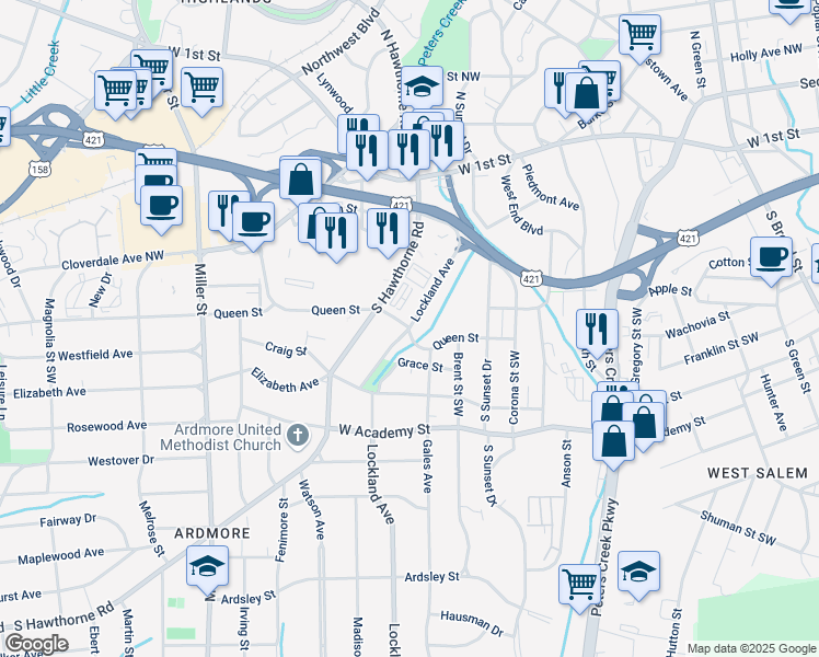 map of restaurants, bars, coffee shops, grocery stores, and more near Lockland Ave & Lockland Ave SW & Queen St in Winston-Salem