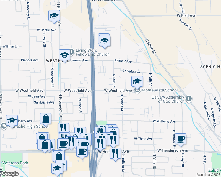 map of restaurants, bars, coffee shops, grocery stores, and more near 860 West Westfield Avenue in Porterville