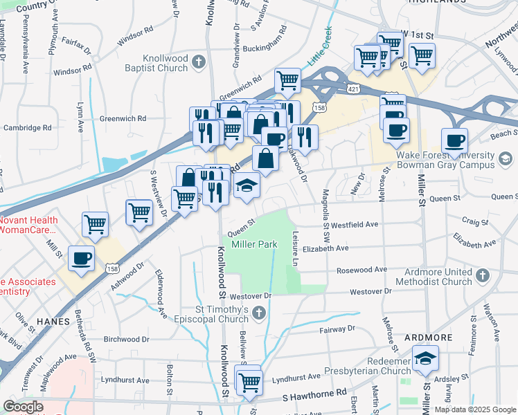 map of restaurants, bars, coffee shops, grocery stores, and more near 2527 Miller Park Circle in Winston-Salem